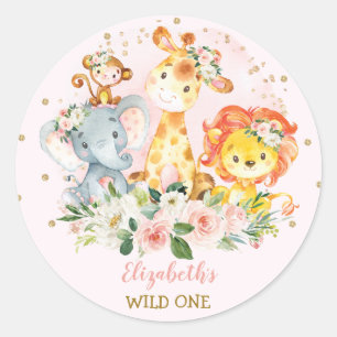 Girly Jungle Safari Animals Wild One Baby Shower Classic Round Sticker
