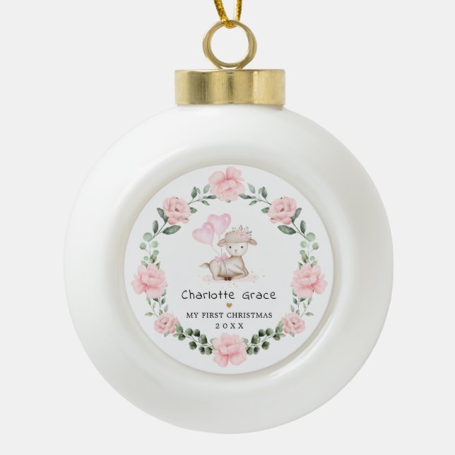 Girly Lamb Blush Flower Wreath Baby 1st Christmas Ceramic Ball Christmas Ornament (Front)