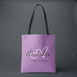 Girly Lavander Chic Trendy Elegant Script Monogram Tote Bag<br><div class="desc">Personalise your beautiful monogrammed, trendy lavander Grocery Tote Bag! The text below may be personalised to your preferred sentence or even your full name; you can also delete it if you prefer. If you need help, please let us know at belytaliarecipes@gmail.com, and we will gladly assist you. © Belytalia 2022...</div>