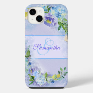 Girly Lavender Blue Watercolor Floral Name Initial iPhone 14 Plus Case