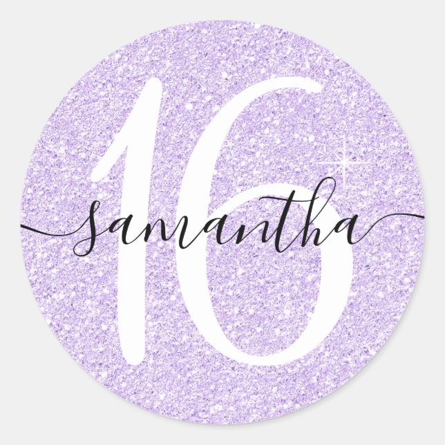 Girly Lavender Faux Glitter Personalised 16 Classic Round Sticker (Front)
