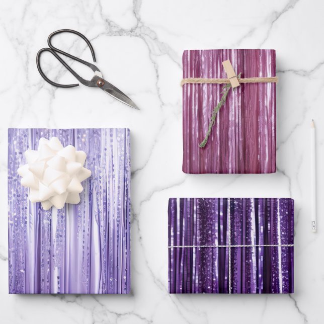Girly Lavender Purple Glam Tinsel Stripes  Wrapping Paper Sheet (Front)