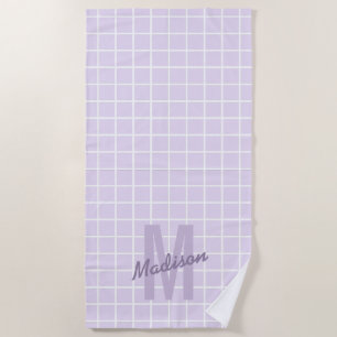 Girly lavender purple grid pattern monogram name beach towel