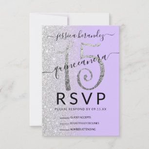 Girly Lavender Silver Glitter Ombre Quinceañera RSVP Card