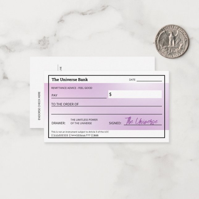 Girly Law of Attraction Blank Abundance Check  Card (Front/Back In Situ)