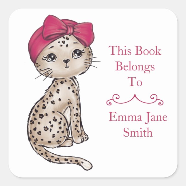 Girly Leopard Baby W/Red Bow Turban Bookplate Square Sticker (Front)