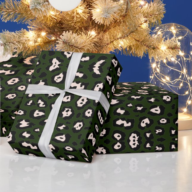 Girly leopard print blush pink dark green fun chic wrapping paper (Holidays)