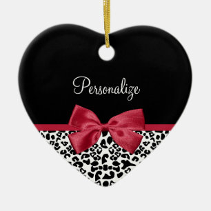 Girly Leopard Print Bright Red Ribbon With Name Ceramic Tree Decoration