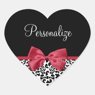 Girly Leopard Print Bright Red Ribbon With Name Heart Sticker