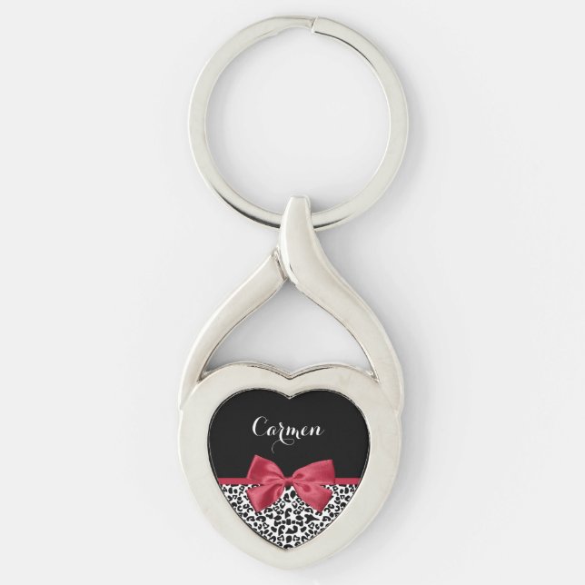 Girly Leopard Print Bright Red Ribbon With Name Key Ring (Front)