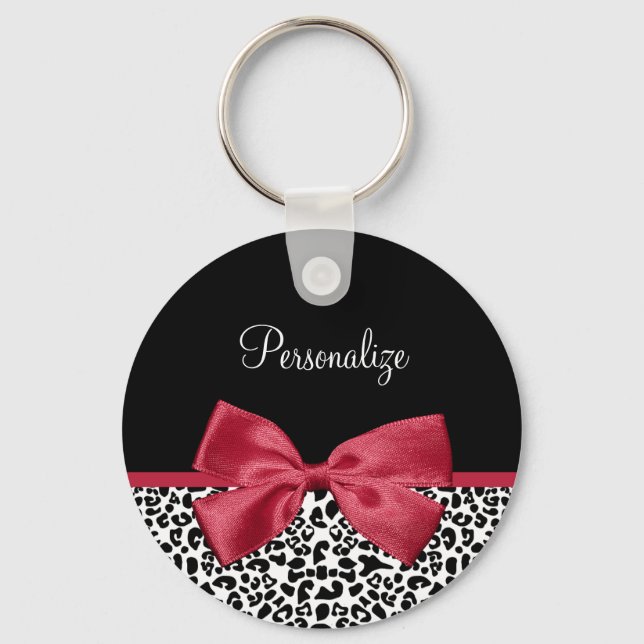 Girly Leopard Print Bright Red Ribbon With Name Key Ring (Front)