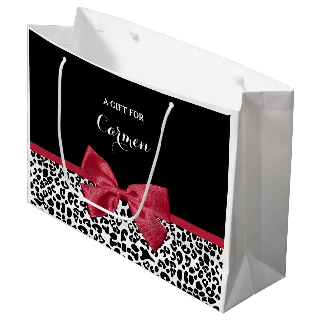 Girly Leopard Print Bright Red Ribbon With Name Large Gift Bag (Front Angled)