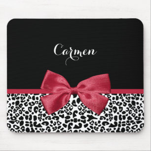 Girly Leopard Print Bright Red Ribbon With Name Mouse Pad