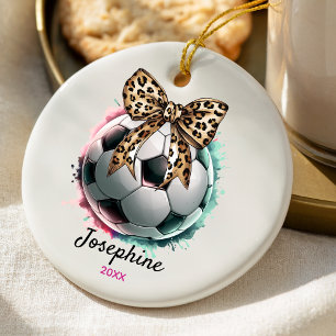 Girly Leopard Print Coquette Soccer Ball Ceramic Tree Decoration
