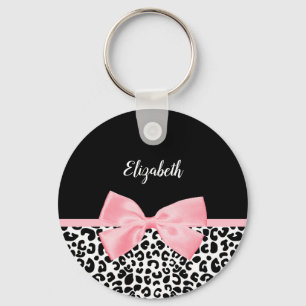 Girly Leopard Print Pattern With Pink Bow and Name Key Ring