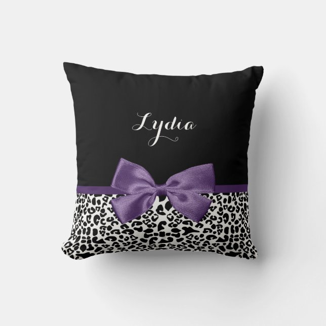 Girly Leopard Print Pretty Purple Ribbon With Name Cushion (Front)