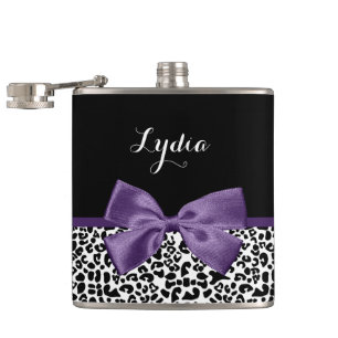 Girly Leopard Print Pretty Purple Ribbon With Name Hip Flask