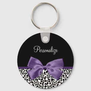 Girly Leopard Print Pretty Purple Ribbon With Name Key Ring