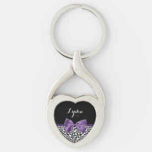 Girly Leopard Print Pretty Purple Ribbon With Name Key Ring