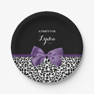 Girly Leopard Print Pretty Purple Ribbon With Name Paper Plate