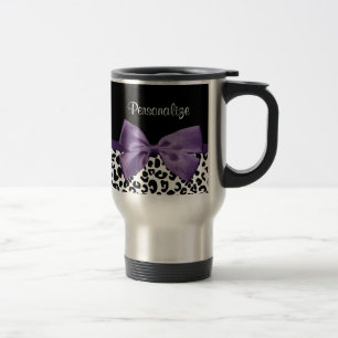 Girly Leopard Print Pretty Purple Ribbon With Name Travel Mug
