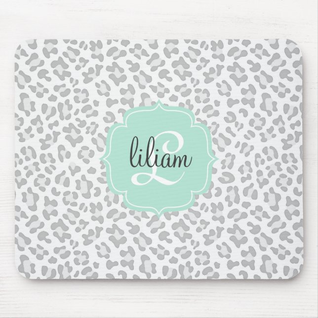 Girly Leopard Silver and Mint Green Personalised Mouse Pad (Front)