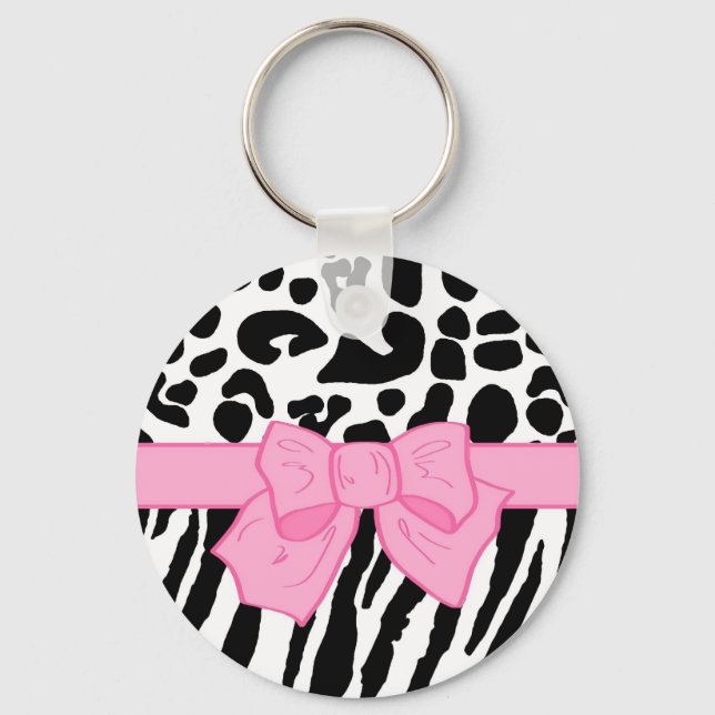 Girly Leopard Zebra Animal Print and Cute Pink Bow Key Ring (Front)