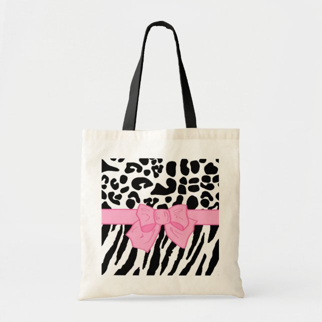 Girly Leopard Zebra Animal Print and Cute Pink Bow Tote Bag (Front)