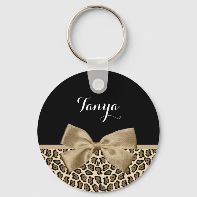 Girly Light Brown Jaguar Cute Brown Bow With Name Key Ring (Front)