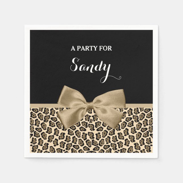 Girly Light Brown Jaguar Cute Brown Bow With Name Napkin (Front)
