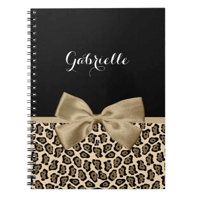 Girly Light Brown Jaguar Cute Brown Bow With Name Spiral Notebook (Front)