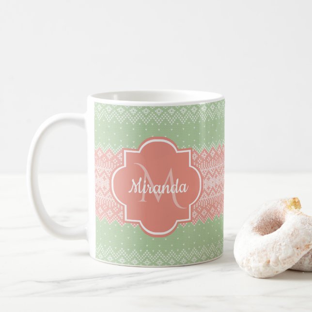 Girly Light Green Knit Coral Pink Stripes and Name Coffee Mug (With Donut)
