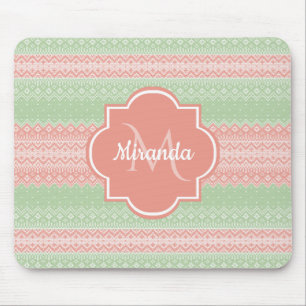 Girly Light Green Knit Coral Pink Stripes and Name Mouse Pad