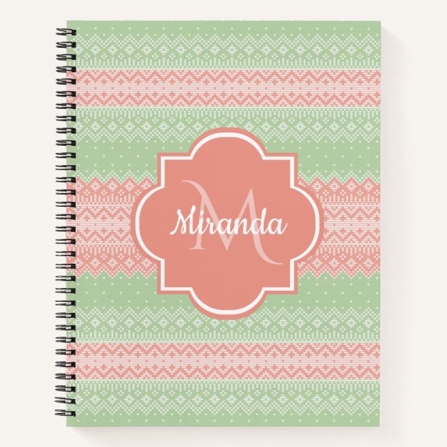 Girly Light Green Knit Coral Pink Stripes and Name Notebook (Front)