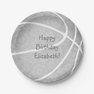 girly light grey custom text basketball party paper plate