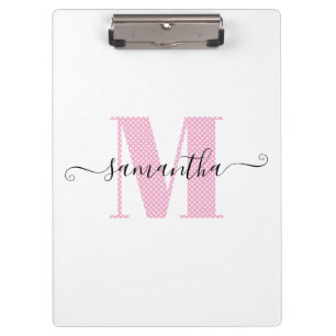 Girly Light Pink and White Polka Dot Monogram Clipboard