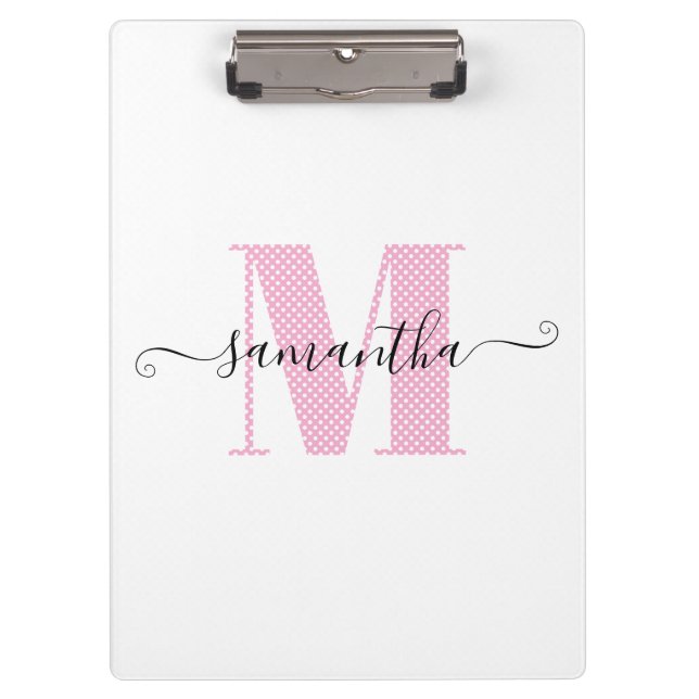 Girly Light Pink and White Polka Dot Monogram Clipboard (Front)