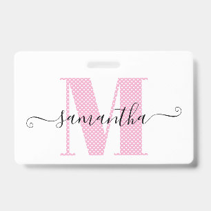Girly Light Pink and White Polka Dot Monogram ID Badge