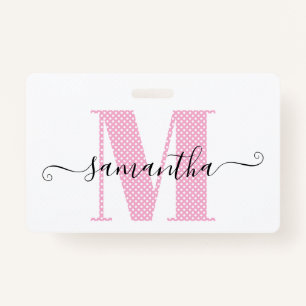Girly Light Pink and White Polka Dot Monogram ID Badge