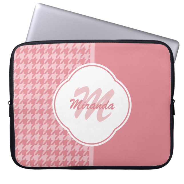 Girly Light Pink Houndstooth Monogram With Name Laptop Sleeve (Front)