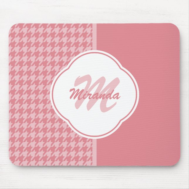 Girly Light Pink Houndstooth Monogram With Name Mouse Pad (Front)