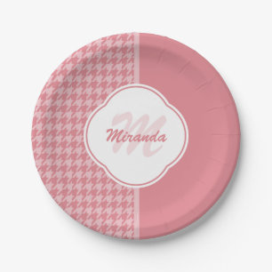 Girly Light Pink Houndstooth Monogram With Name Paper Plate