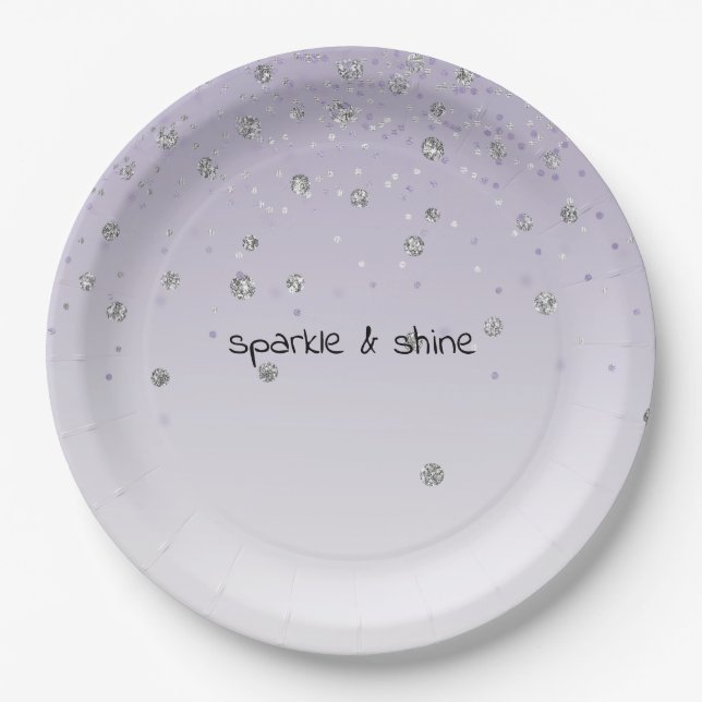 Girly Lilac Purple Confetti Glam Silver Sparkle Paper Plate (Front)