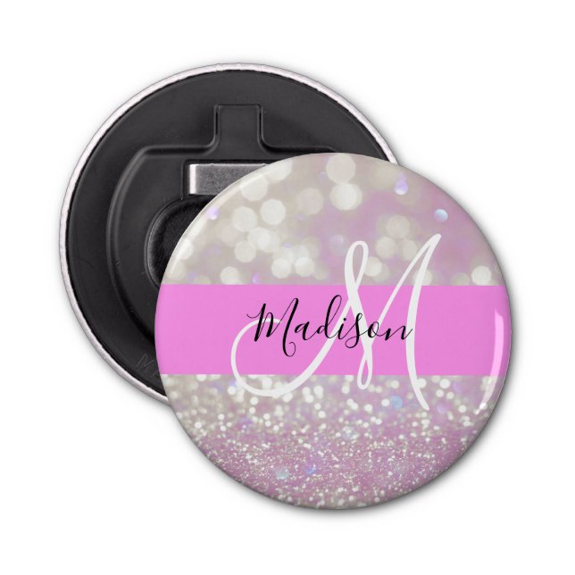 Girly Lilac Shimmer Glitter Sparkles Monogram Name Bottle Opener (Front)