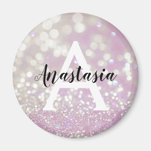 Girly Lilac Shimmer Glitter Sparkles Monogram Name Magnet (Front)