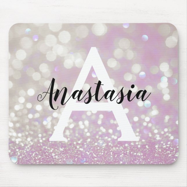 Girly Lilac Shimmer Glitter Sparkles Monogram Name Mouse Pad (Front)