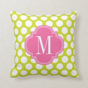 Girly Lime & Pink Big Dots Monogrammed Cushion