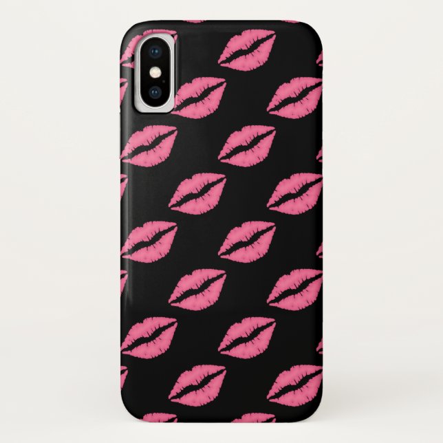 Girly Lips Hot Pink And Black Kiss Pattern Case-Mate iPhone Case (Back)