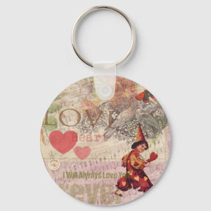 Girly Love Heart Vintage Sweetheart Collage Key Ring
