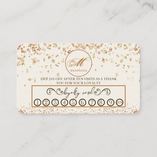 Girly Luxury Gold Glittery Monogram Beauty Salon Loyalty Card (Back)